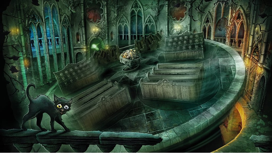 A spinning ride with a large disc and seats on four smaller discs in a haunted castle with a black cat