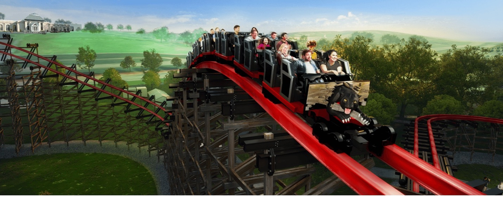 Wildcat rendering shows the new coaster gliding over the red track hill with passengers smiling