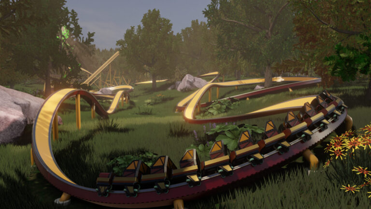 A yellow coaster curves through rocky terrain