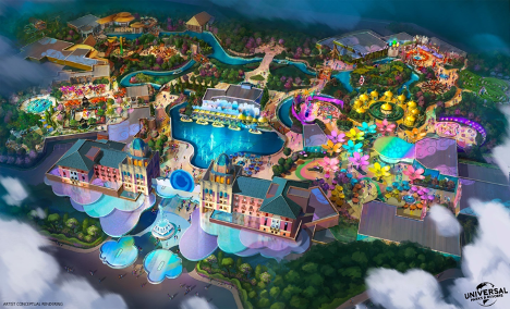 Concept art of a new theme park and hotel surrounding a lake