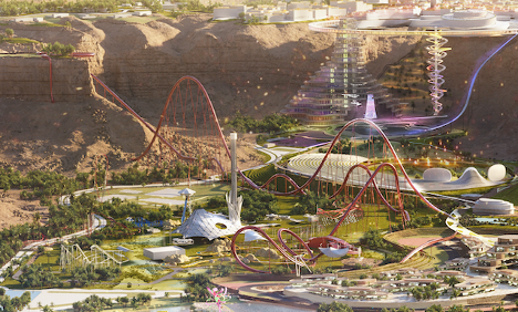 A tall red roller coaster dives off a cliff wall with a theme park and landscaping below
