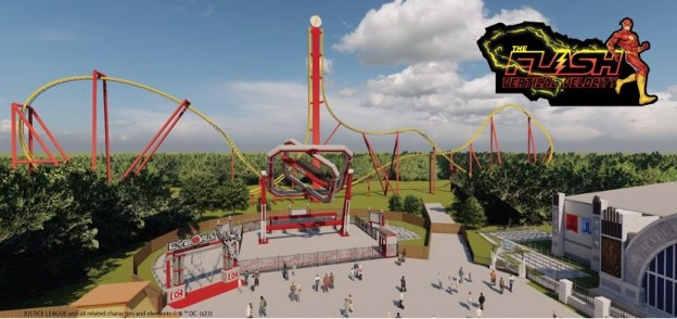 A yellow roller coaster with red supports sits behind a red rotating ride with a plaza in front.